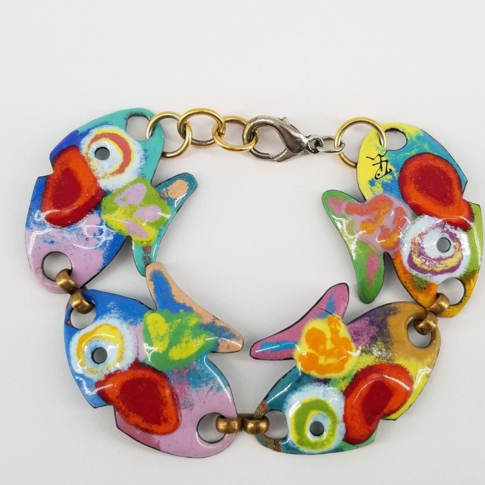 One of a Kind Artisan Signed Enameled Copper Art Fish Link Bracelet 23.2g